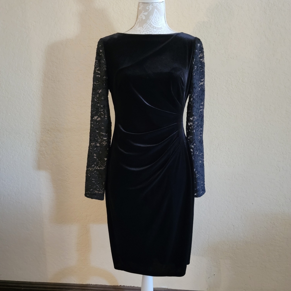 Chaps Black Velvet Lace Sleeve Knee Length Dress Sz 6